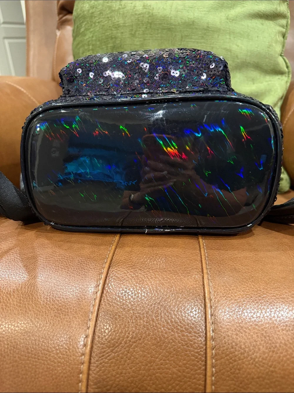 Disney Black Holographic Sequin Minnie Ears Backpack with Black Bow and Straps